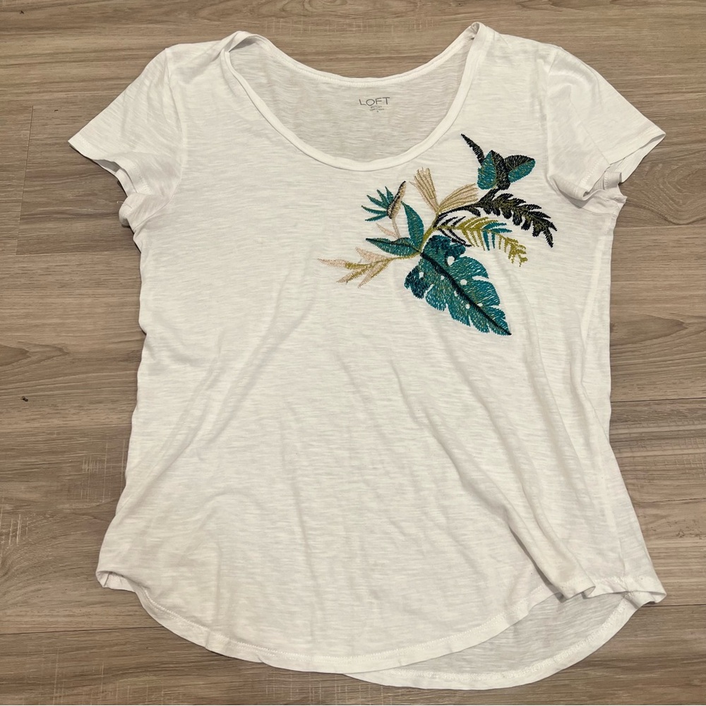 LOFT White Tee with Colorful Leaf Embroidery